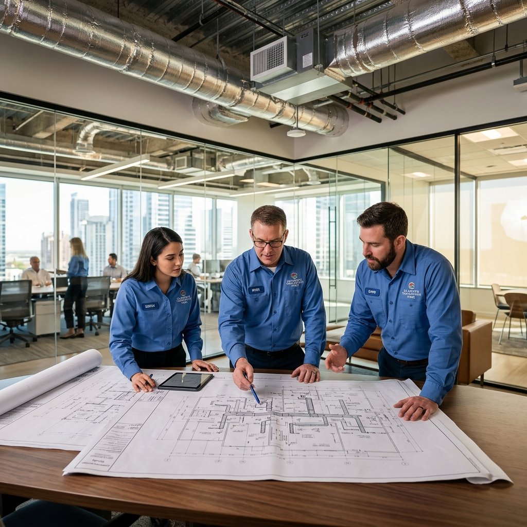 HVAC engineers reviewing floor plans and blueprints