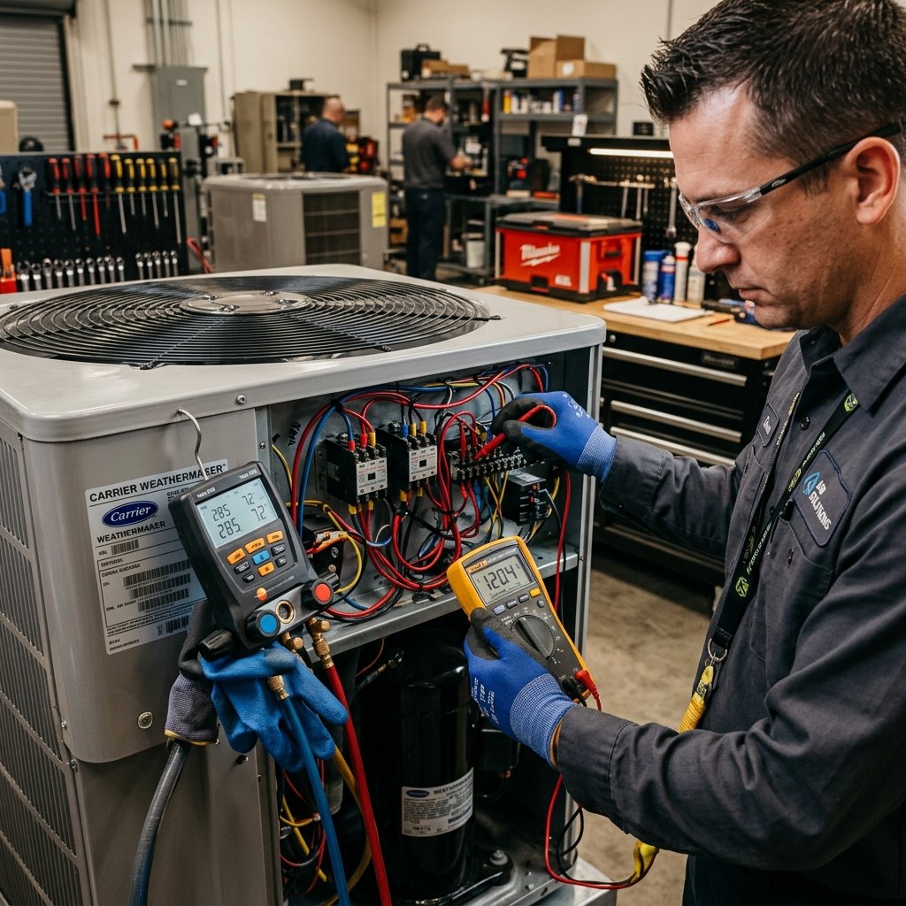 HVAC service technician servicing a commercial outdoor unit