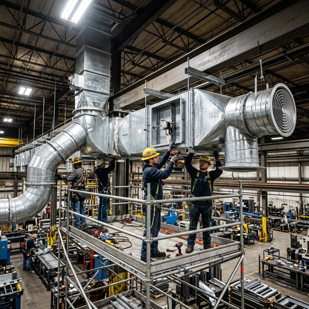 Industrial ventilation ducting on factory ceiling